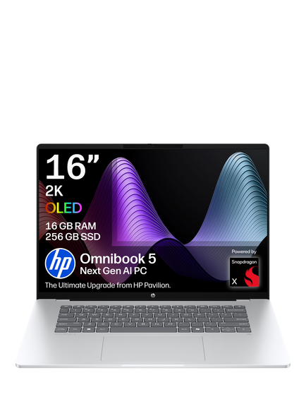 HP OmniBook 5 Laptop, Snapdragon X X1 Processor, 16GB RAM, 256GB SSD, 16” 2K OLED, Glacier Silver, Glacier Silver