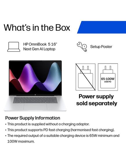HP OmniBook 5 Laptop, Snapdragon X X1 Processor, 16GB RAM, 256GB SSD, 16” 2K OLED, Glacier Silver - view 2, Glacier Silver