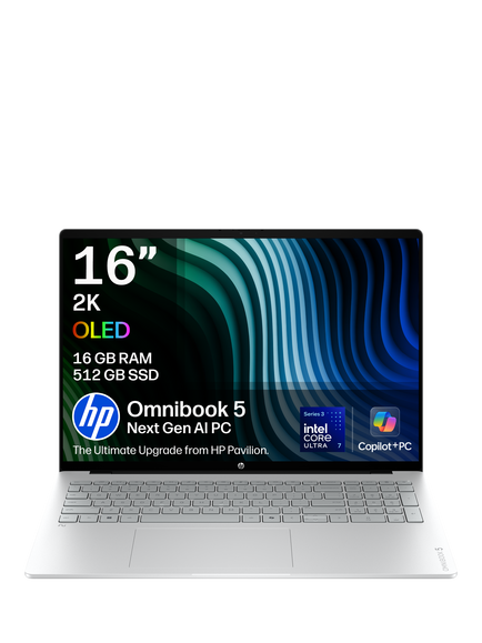 HP OmniBook 5 Laptop, Intel Core Ultra 7 Processor, 16GB RAM, 512GB SSD, 16” 2K OLED, Glacier Silver, Glacier Silver