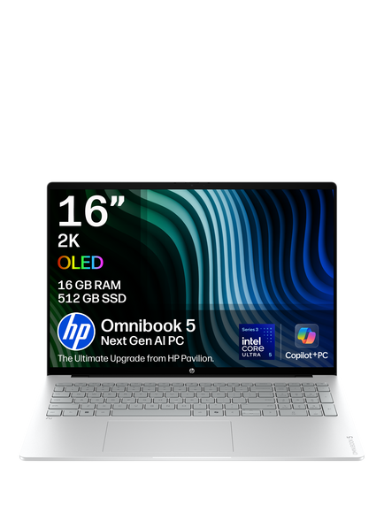 HP OmniBook 5 Laptop, Intel Core Ultra 5 Processor, 16GB RAM, 512GB SSD, 16” 2K OLED, Jet Black, Jet Black