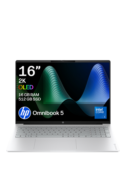 HP OmniBook 5 Laptop, Intel Core 5 Processor, 16GB RAM, 256GB SSD, 16” 2K OLED, Glacier Silver, Glacier Silver