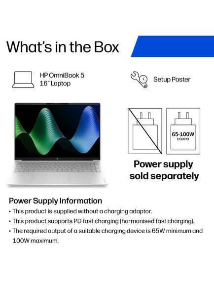 HP OmniBook 5 Laptop, Intel Core 5 Processor, 16GB RAM, 256GB SSD, 16” 2K OLED, Glacier Silver - view 2, Glacier Silver