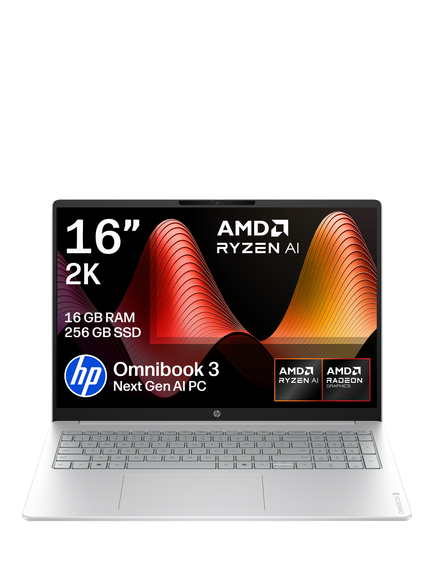 HP OmniBook 3 Laptop, AMD Ryzen AI 5 Processor, 16GB RAM, 256GB SSD, 16” 2K, Glacier Silver, Glacier Silver