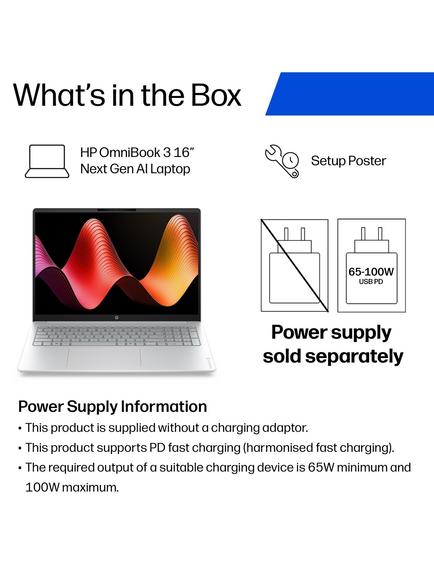 HP OmniBook 3 Laptop, AMD Ryzen AI 5 Processor, 16GB RAM, 256GB SSD, 16” 2K, Glacier Silver - view 2, Glacier Silver