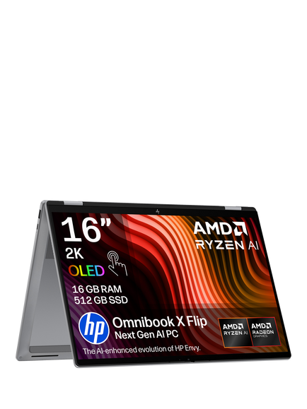 HP OmniBook X Flip 16 Convertible Laptop, AMD Ryzen AI 5 Processor, 16GB RAM, 512GB SSD, 16” 2K OLED Touchscreen, Meteor Silver, Meteor Silver