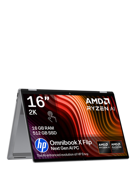 HP OmniBook X Flip 16 Convertible Laptop, AMD Ryzen AI 7 Processor, 16GB RAM, 512GB SSD, 16” 2K OLED Touchscreen, Meteor Silver, Meteor Silver