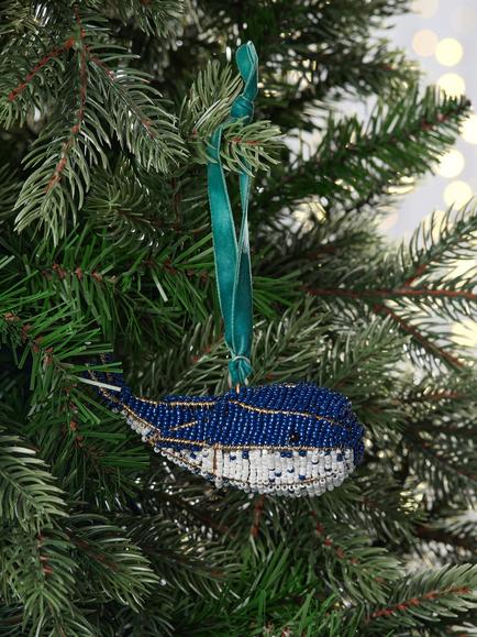 John Lewis The Curator Beaded 3D Blue Whale Bauble, Blue - view 2, Multi