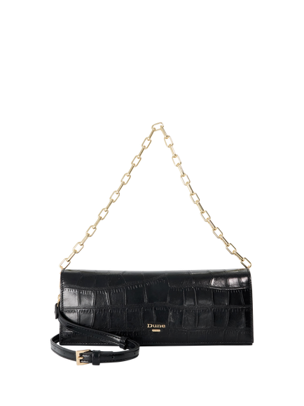 Dune London Bemuse Leather Croc Effect Clutch Bag, Black