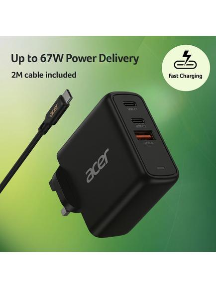 Acer GaN USB-C USB-A 3-Port 67W PD Charger, Black - view 2, Black
