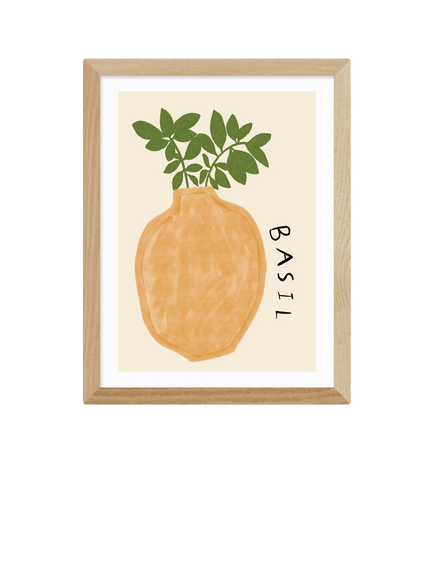 EAST END PRINTS Amber May Art 'Basil Plant' Framed Print, 43.4 x 33.4cm, Natural, Natural