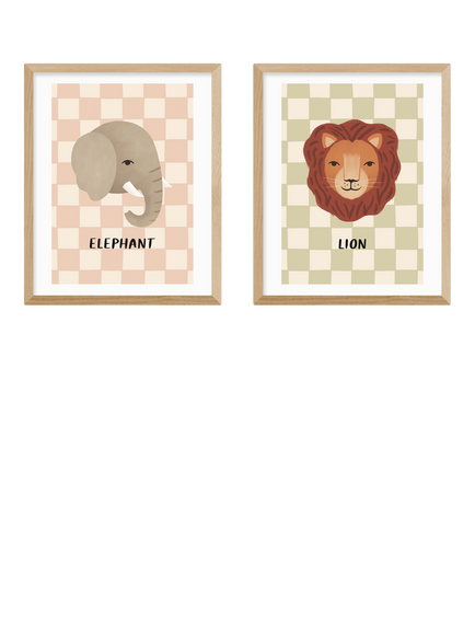 EAST END PRINTS Kid of the Village 'Elephant & Lion' Framed Print, Set of 2, 53.4 x 43.4cm, Natural, Natural