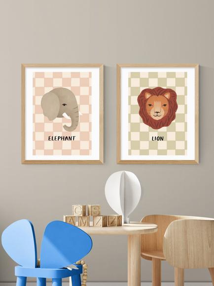 EAST END PRINTS Kid of the Village 'Elephant & Lion' Framed Print, Set of 2, 53.4 x 43.4cm, Natural - view 2, Natural