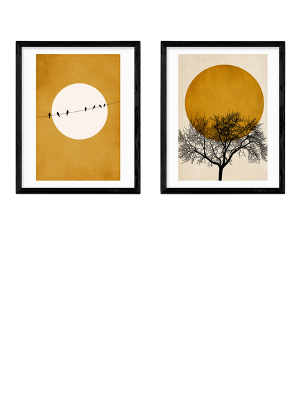 EAST END PRINTS Kubistika 'Golden Sky' Framed Print, Set of 2, 53.4 x 43.4cm, Black, Black