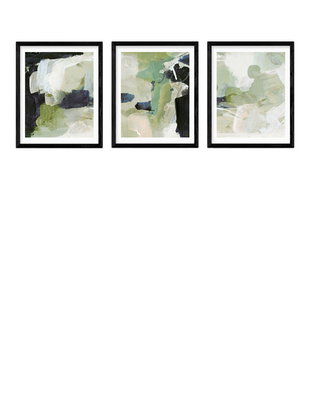EAST END PRINTS Dan Hobday 'Green Abstract' Framed Print, Set of 3, 53.4 x 43.4cm, Black, Black