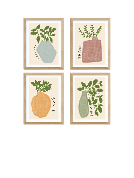 EAST END PRINTS Amber May Art 'Herb Plants' Framed Print, Set of 4, 43.4 x 33.4cm, Natural, Natural