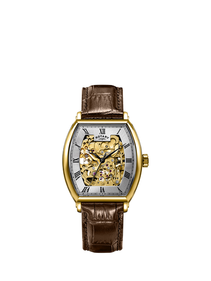 Rotary RGS10108/03 Men's 1895 Tonneau Skeleton Automatic Leather Strap Watch, Brown, Brown