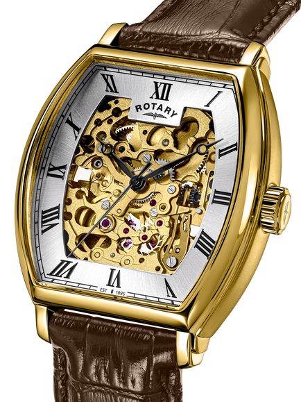 Rotary RGS10108/03 Men's 1895 Tonneau Skeleton Automatic Leather Strap Watch, Brown - view 2, Brown