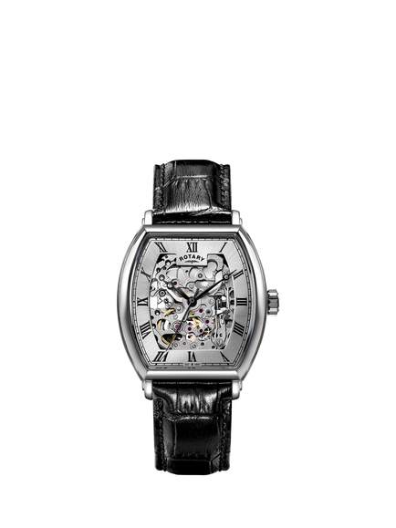 Rotary RGS10109/06 Men's 1895 Tonneau Skeleton Automatic Leather Strap Watch, Black, Black