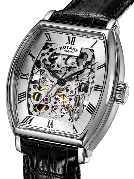 Rotary RGS10109/06 Men's 1895 Tonneau Skeleton Automatic Leather Strap Watch, Black - view 2, Black