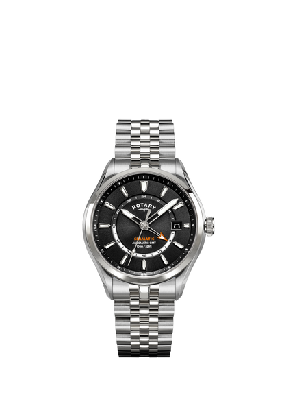 Rotary RGB10037/04 Men's Seamatic 100 GMT Automatic Date Bracelet Strap Watch, Silver/Black, Silver