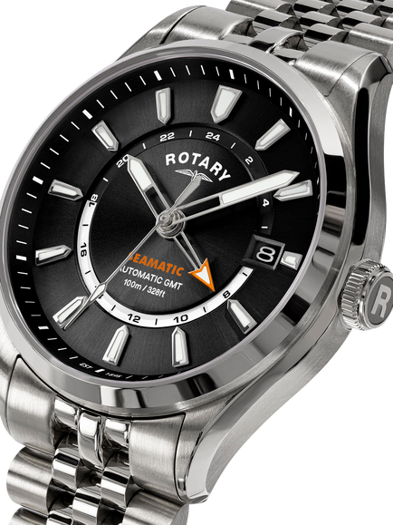 Rotary RGB10037/04 Men's Seamatic 100 GMT Automatic Date Bracelet Strap Watch, Silver/Black - view 2, Silver