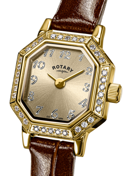 Rotary RLS10056/03 Women's Heritage Astoria Crystal Leather Strap Watch, Brown - view 2, Brown