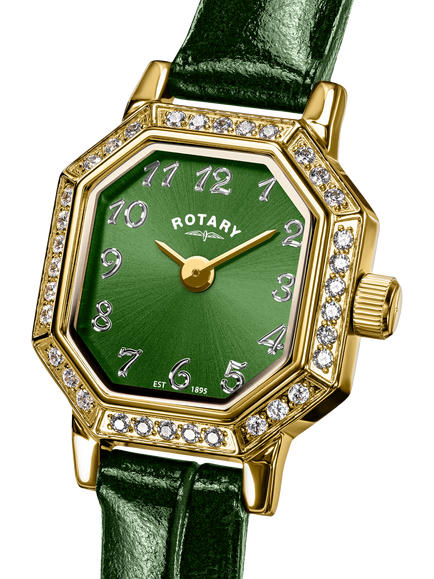 Rotary RLS10056/28 Women's Heritage Astoria Crystal Leather Strap Watch, Green - view 2, Green