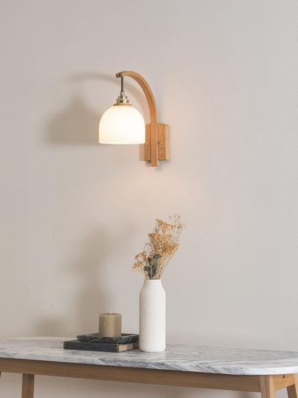 Tom Raffield Bue Glass Shade Wood Stem Wall Light, Oak - view 2, Oak