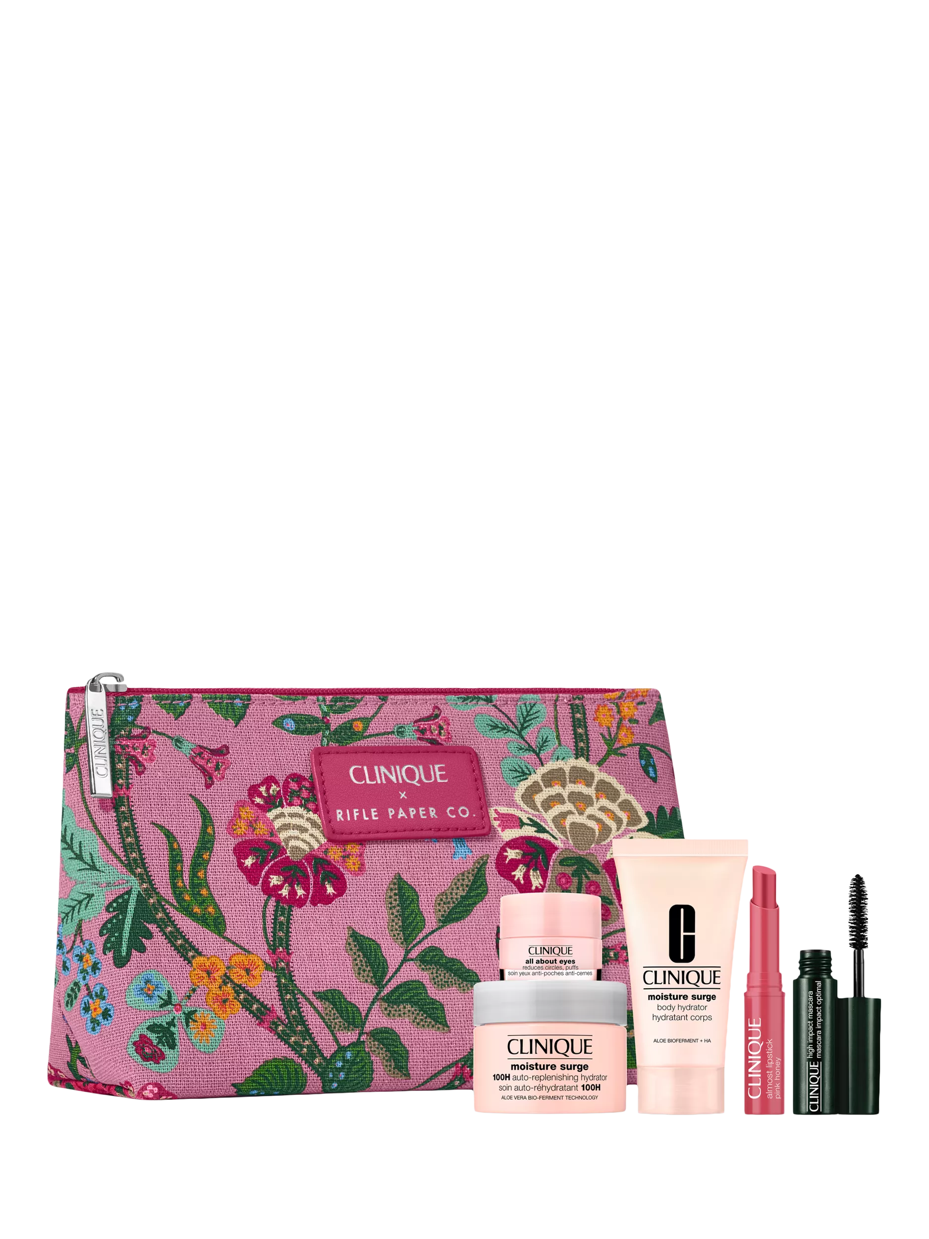 Clinique x Rifle Paper Co floral pink makeup bag with Moisture Surge creams, mascara and Almost Lipstick set