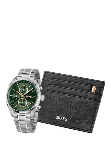BOSS 1570202 Men's Grand Prix 44mm Round Bracelet Strap Watch and Card Holder Gift Set, Silver