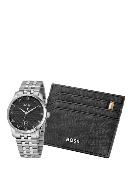 BOSS 1570204 Men's Principle 41mm Round Bracelet Strap Watch and Leather Card Holder Gift Set, Silver