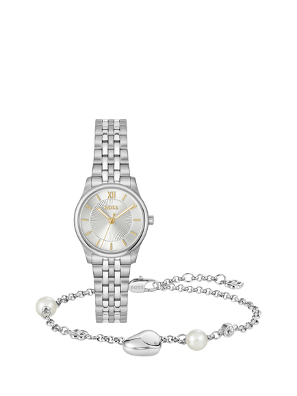 BOSS 1570210 Women's Graceful Mina 25mm Bracelet Strap Watch and Amara Bracelet Gift Set, Silver, Silver