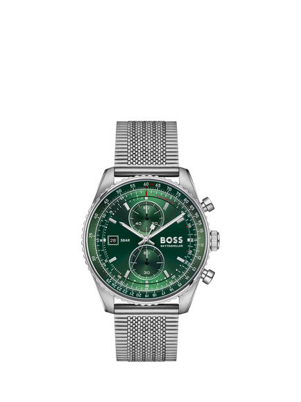BOSS 1514347 Men's Skytraveller Pro 43mm Mesh Bracelet Strap Watch, Silver, Silver