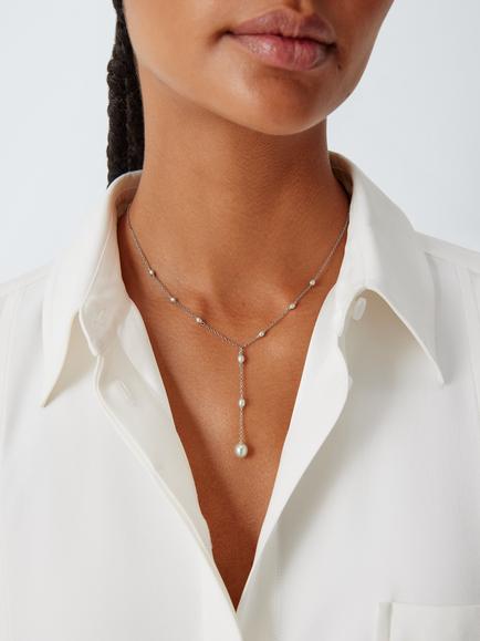 Lido Triple Pearl Lariat Drop Necklace, Silver - view 2, Silver