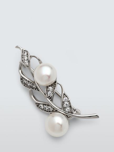 Lido Pearl and Cubic Zirconia Leaf Brooch, White, White