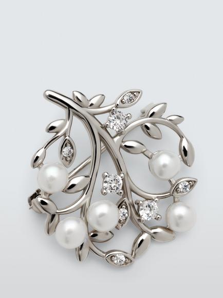 Lido Pearl and Cubic Zirconia Tree Brooch, White, White