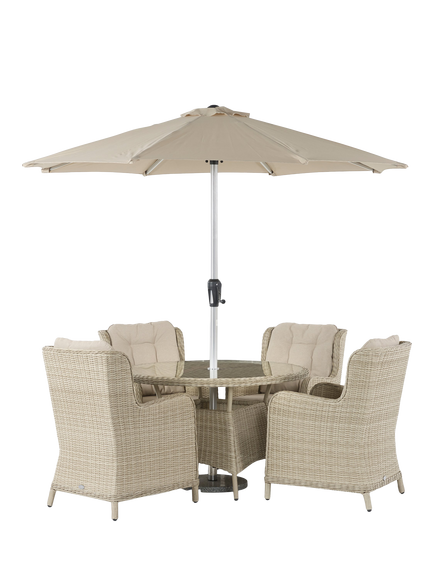 Bramblecrest OUTLET Chedworth 4-Seater Garden Round Dining Table & Chairs Set with Parasol, Sandstone, Sandstone