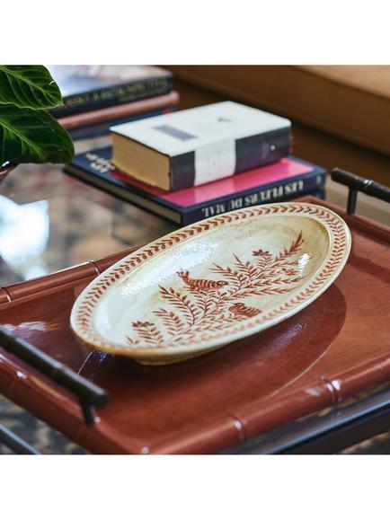 OKA Samla Leaf Oval Porcelain Serving Platter, 50cm, Red - view 2, Red