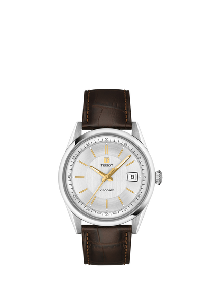 Tissot T1574071603100 Men's Visodate 39mm Automatic Round Leather Strap Watch, Brown, Brown