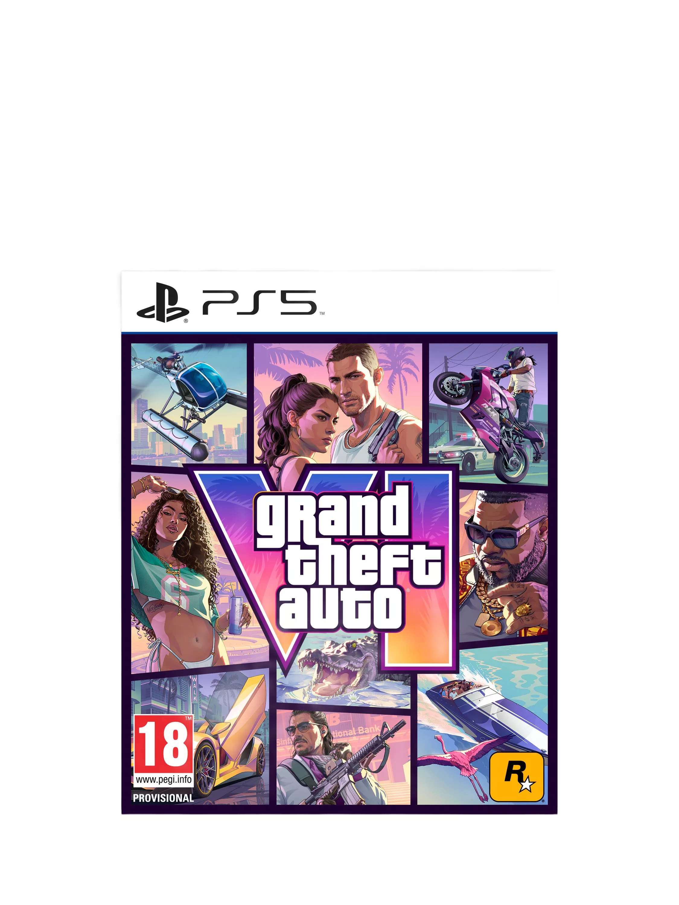 PS5 Grand Theft Auto VI cover art showing Vice City characters, helicopter, motorbike stunt, sports car and speedboat collage