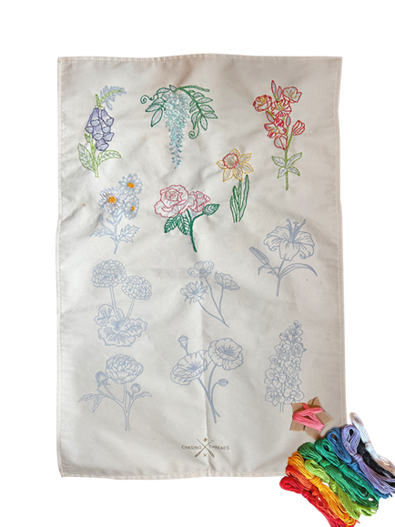 Chasing Threads Sew What You Grow Flowers Tea Towel Kit, Multi