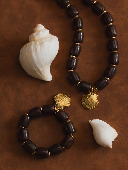 Orelia Chunky Beaded Shell Charm Bracelet, Gold - view 2, Brown