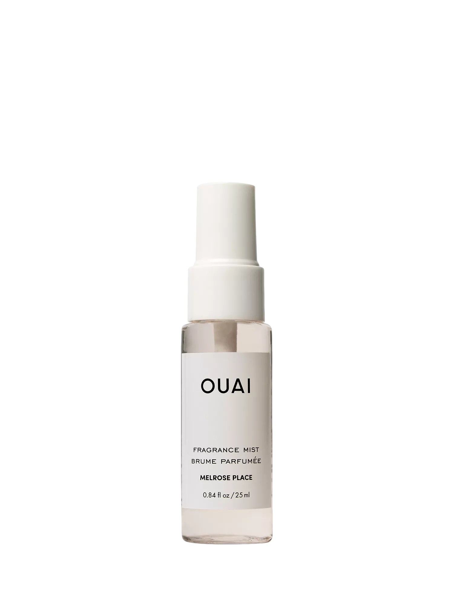 OUAI Melrose Place fragrance mist bottle, 25ml travel-size perfume spray, minimalist packaging on white background