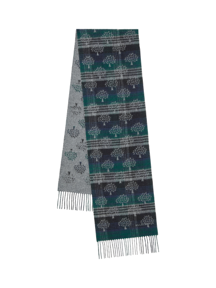 Mulberry Pure Wool Heritage Check Tree Scarf, Mulberry Green & Night Sky, Mulberry Green & Night Sky