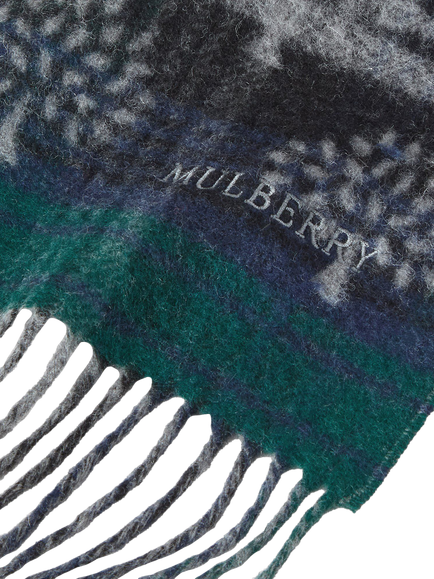 Mulberry Pure Wool Heritage Check Tree Scarf, Mulberry Green & Night Sky - view 2, Mulberry Green & Night Sky