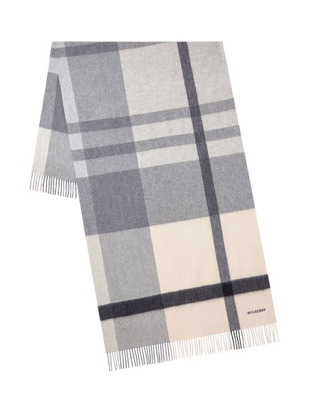 Mulberry Large Pure Merino Wool Check Scarf, Eggshell & Foggy Grey, Eggshell & Foggy Grey
