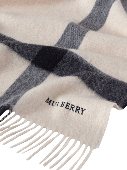 Mulberry Large Pure Merino Wool Check Scarf, Eggshell & Foggy Grey - view 2, Eggshell & Foggy Grey