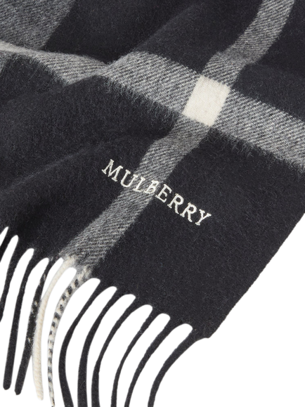 Mulberry Small Check Pure Merino Wool Scarf, Black/Foggy Grey - view 2, Black/Foggy Grey