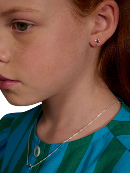 Little Star Kids' Eden Cross Stud Earrings, Silver - view 2, Silver