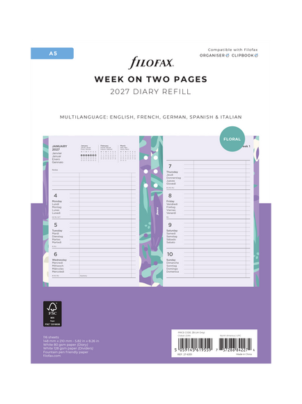 Filofax A5 Floral Week on Two Pages 2027 Diary Refill, Multi, Multi Multi